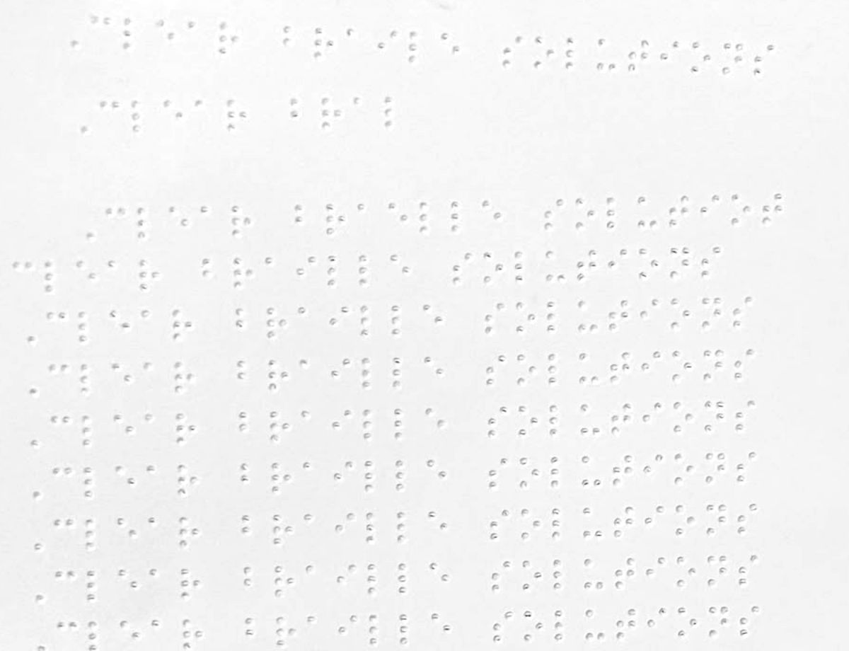A sheet of embossed braille: two short heading lines above a table of rows and columns.